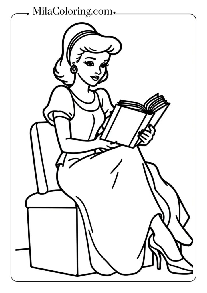 Cinderella sitting peacefully and reading a book