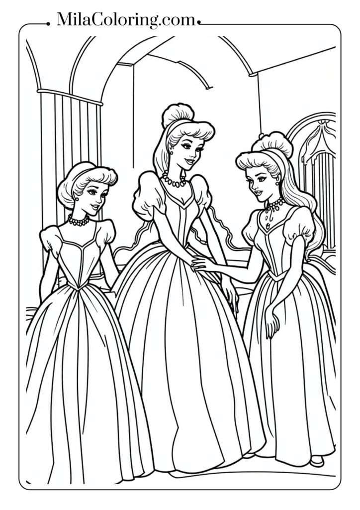 Stepsisters getting ready for the ball with elaborate dresses & jewelry while Cinderella helps