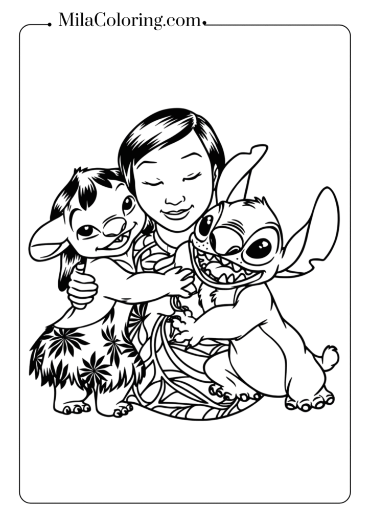 Lilo, Nani, and Stitch family hug