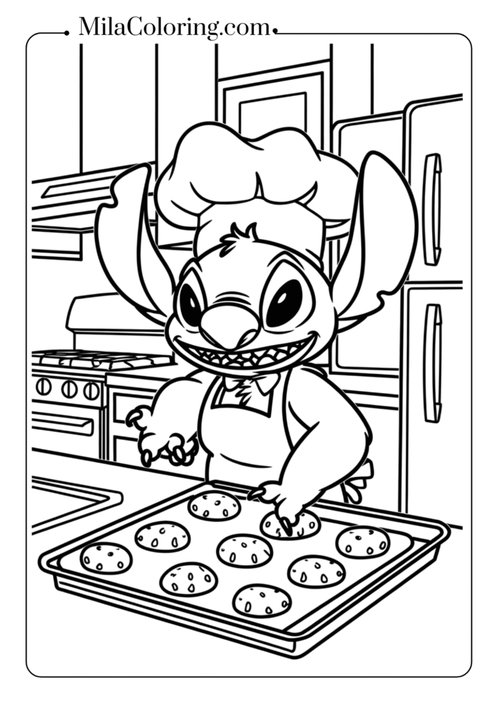Stitch baking cookies in the kitchen