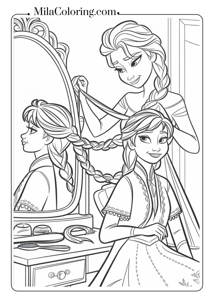 Elsa braiding Anna's hair