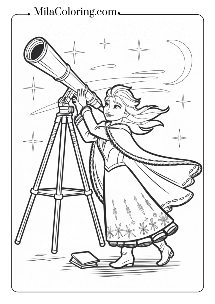 Elsa stargazing with telescope